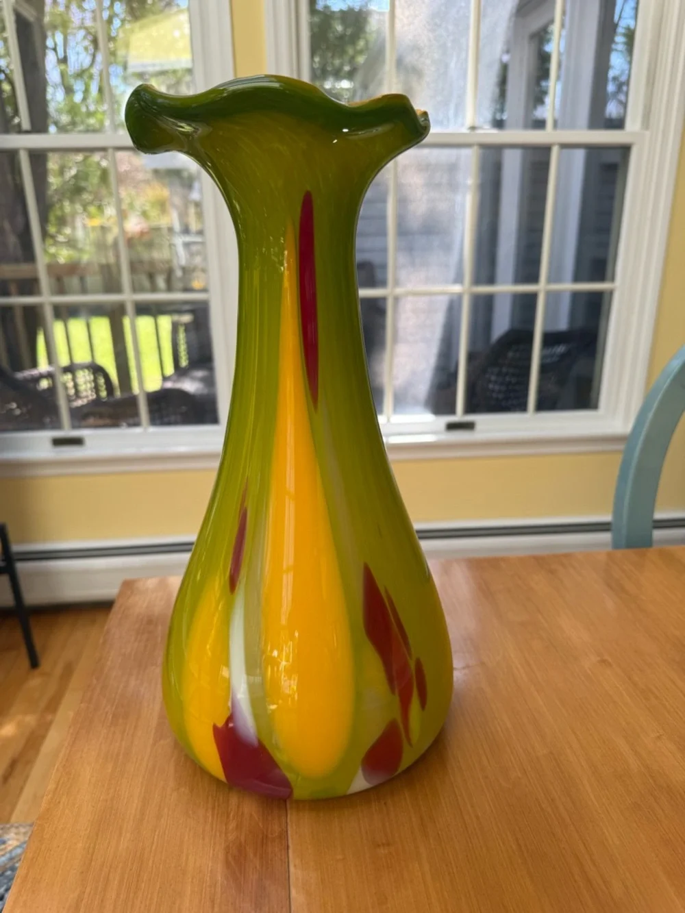 Mid Century Modern Handblown Art Glass Vase in Green, Yellow & Red